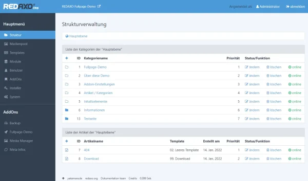 Screenshot Struktur der Fullpage-Demo